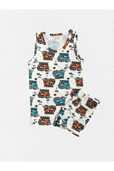 elmas kids Boy's 100% Cotton Minibus Palm Patterned White Undershirt Boxer Set with Stitched Net Part