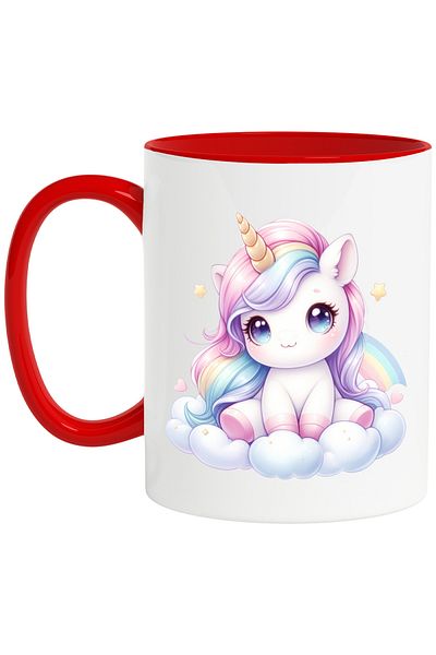 StoryGift Romania Mug with a cheerful unicorn, illustration, blushing, cloud, joy, stars with M, Cu, STG