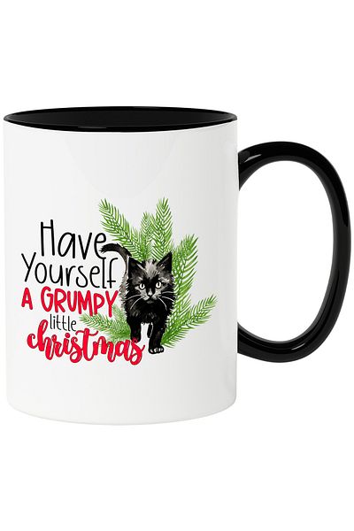 StoryGift Romania Black kitten mug with the message "Have yourself a grumpy little Christmas", Craciu, Cu, STG