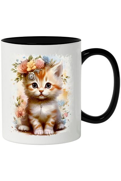 StoryGift Romania Cana Cu Pui De Pisica, Flori, Frunze, Lantisor, Bijuterii, Multicolor 330 ml, Ce, Cu Maner Negru