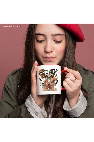 StoryGift Romania Mug With Name Andreea, Girl Collage, Butterfly, Flowers, Circle, 330ml, Ceramic with Handles, With ,STG