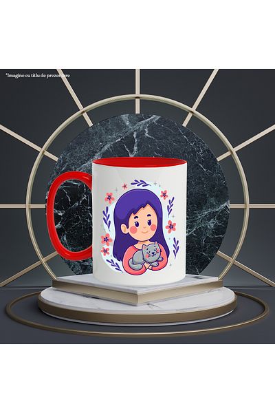 StoryGift Romania Cat Mug, Girl, Flowers, Stars, Leaves, Sweatshirt, Animal Lovers, Multicolor, With Red Handle
