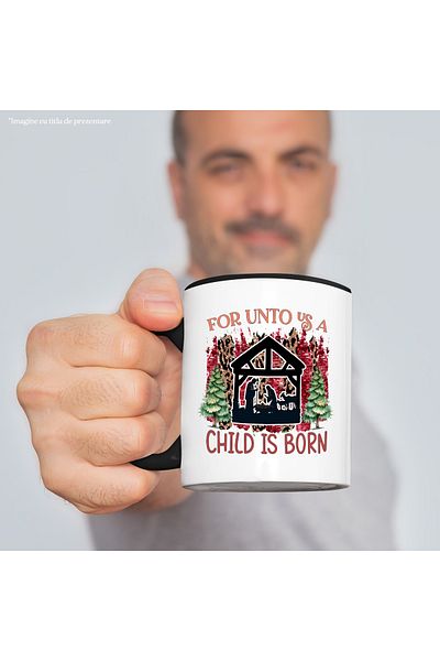 StoryGift Romania Mug with the Nativity scene with the message "For Unto Us A Child Is Born", Craciu, Cu, STG