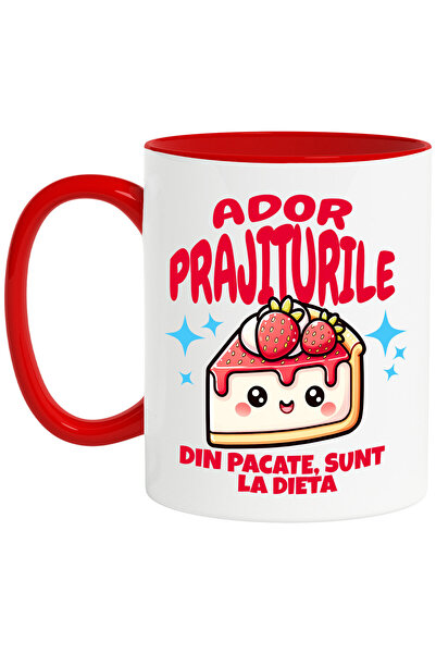 StoryGift Romania Cana cu Prajitura vesela Cheescakr Cu Capsuni Text ador Prajiturile Din Pacate S, Cu Maner Rosu