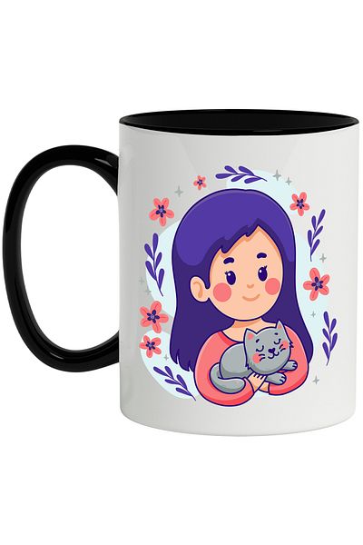 StoryGift Romania Cat Mug, Face, Flowers, Stars, Leaves, Sweatshirt, Animal Lovers, Multicolor, With Black Handle