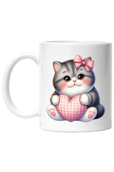 StoryGift Romania Cana cu o pisicuta plinuta care tine o inimioara in brate | ilustratie | vesela , Cu Maner Alb