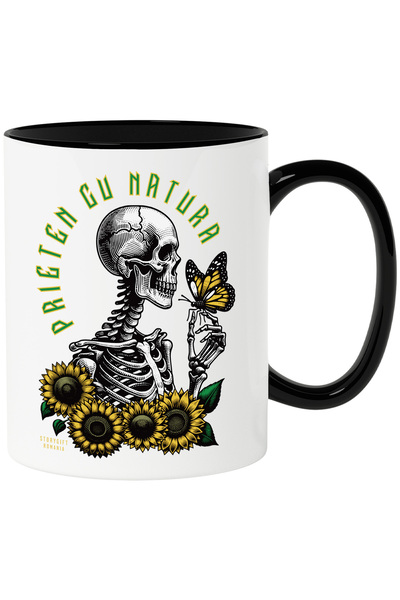 StoryGift Romania Cana prieten cu natura schelete si fluture flori , 330ml, Ceramica cu Maner Negr, Cu Maner Negru