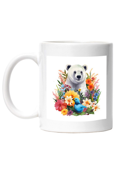 StoryGift Romania Cana cu un urs polar bucuros, ilustratie, flori, pasare, pl...