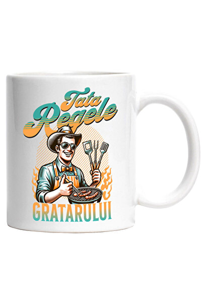 StoryGift Romania Cana cu Tata Cu Palarie De Soare Si ochelari, Sort Si Papion Portocaliu Gratar I, Cu Maner Alb