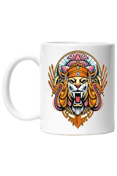 StoryGift Romania Cana Cu Leu, Serpi, Portret, Aztec, Sulite, Fum, Multicolor 330 ml, Ceramica cu , Cu Maner Alb