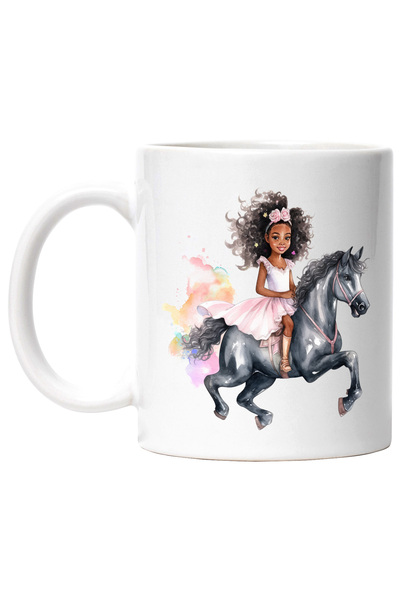 StoryGift Romania Cana cu o fetita care calareste un cal gri | ilustratie | rochita | roz | pete d, Cu Maner Alb