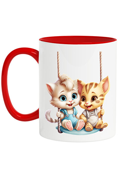 StoryGift Romania Cana cu 2 pisoi care se dau in leagan | ilustratie | joaca | amici | intelegere , Cu Maner Rosu