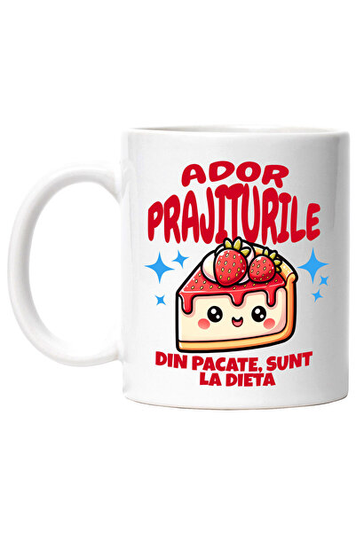 StoryGift Romania Cana cu Prajitura vesela Cheescakr Cu Capsuni Text ador Prajiturile Din Pacate S, Cu Maner Alb