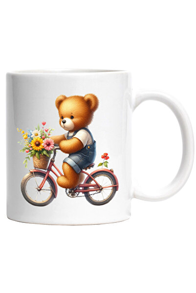 StoryGift Romania Cana cu un ursulet de plus care merge cu bicicleta | plimbare | ilustratie | cos, Cu Maner Alb