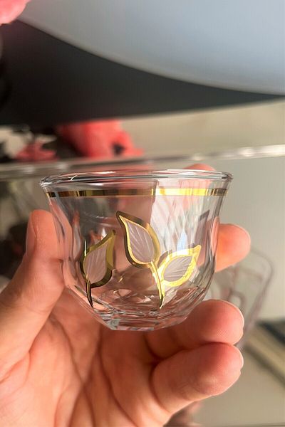 DECOSTYLE Gold Colored 18 Piece Glass Set - Special Cut, Leaf Decorated Base