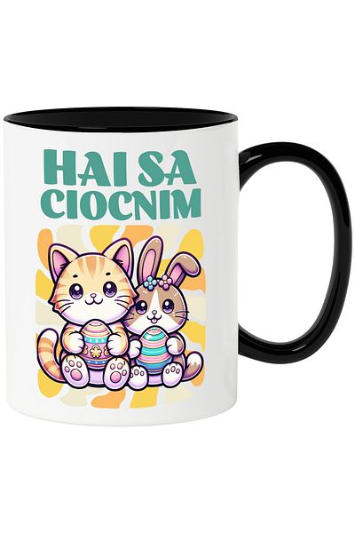 StoryGift Romania Cana iepurasi de paste hai sa ciocnim sarbatoare Hristos a inviat, 330ml, Cerami, Cu Maner Negru