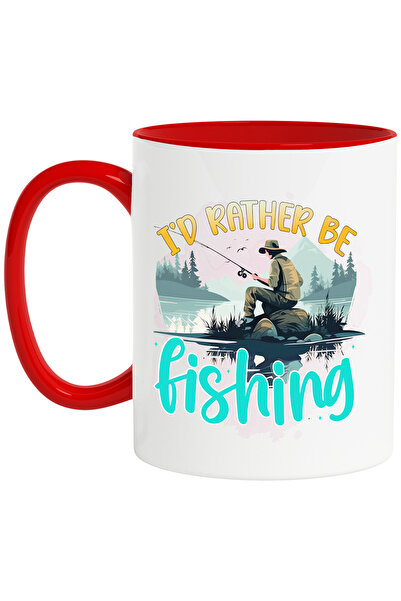 StoryGift Romania Cana cu un pescar cu mesajul "I'd rather be fishing", ilustratie, prefer sa pesc, Cu Maner Rosu