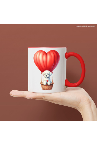 StoryGift Romania Cana cu un catel care zboara cu un balon cu aer cald, ilust...