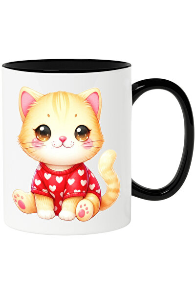 StoryGift Romania Cana cu o pisicuta vesela care poarta o bluza cu inimioare | ilustratie | pentru, Cu Maner Negru