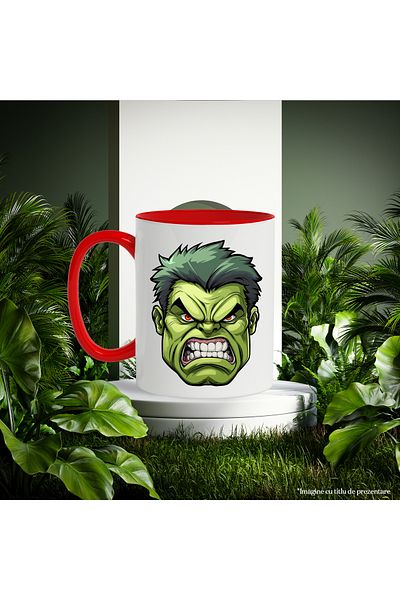 StoryGift Romania Cana Cu Hulk, Portret, Desen, Avengers, Marvel, Supereroi, Multicolor 330ml, Cer, Cu Maner Rosu