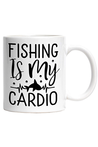 StoryGift Romania Cana cu un peste si mesajul in engleza "Fishing is my cardio" - pescuitul este a, Cu Maner Alb