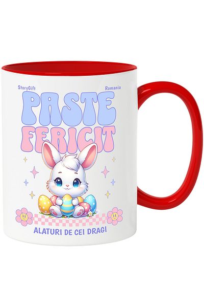 StoryGift Romania Cana paste fericit alaturi de cei dragi sarbatoare , 330ml, Ceramic cu Maner Ros, Cu Maner Rosu