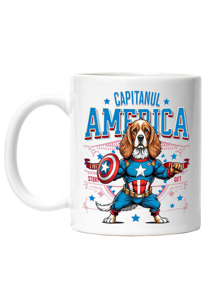 StoryGift Romania Cana cu Cocker Spaniel Caine In Costum de Capitan America cu Pelerina, Erou Noct, Cu Maner Alb