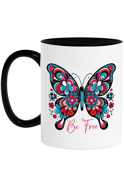 StoryGift Romania Cana cu mesajul "Be free", ilustratie, motivational, fii liber, fluture, florice, Cu Maner Negru