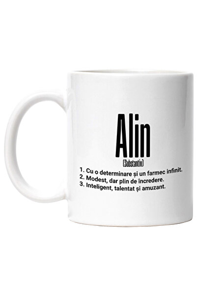 StoryGift Romania Cana Cu Numele Alin, Determinare, Modest, Inteligent, Amuzant, Personalizat, Cad, Cu Maner Alb