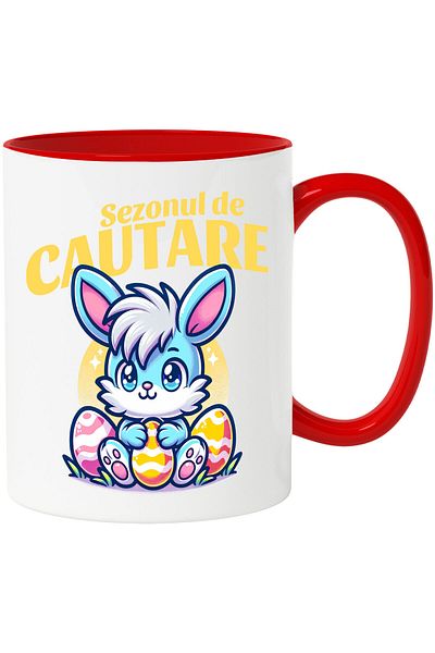 StoryGift Romania Cana cu Iepure Albastru Cu Freza Si Oua Colorate De Paste Text Sezonul De Cautar, Cu Maner Rosu