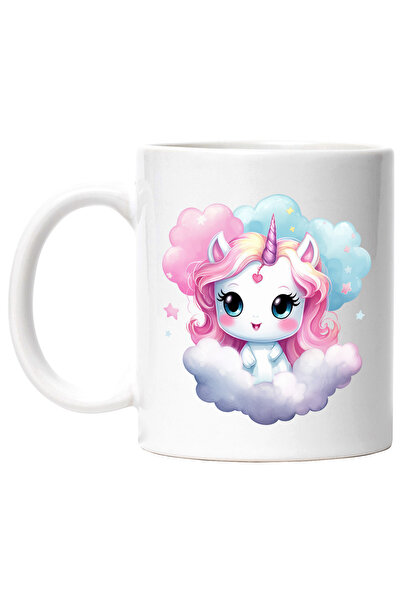 StoryGift Romania Cana cu un unicorn care sta pe un norisor | ilustratie | stelute | noapte | feri, Cu Maner Alb