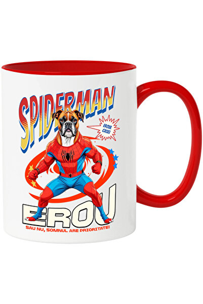 StoryGift Romania Cana cu Boxer Caine In Costum de SpiderMan cu Pelerina, Erou Nocturn, Desene ani, Cu Maner Rosu