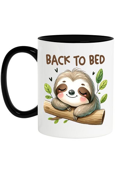 StoryGift Romania Sloth animal mug with the message "Back to bed", illustration, funny, laugh, with black handle