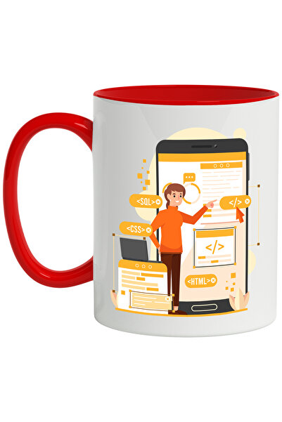 StoryGift Romania Cana Cu Telefon, Laptop, Web, Programare, Multicolor 330 ml, Ceramica cu Maner R, Cu Maner Rosu