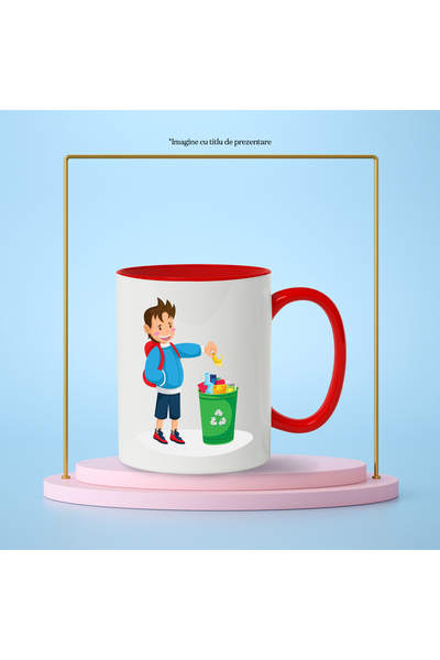 StoryGift Romania Mug with Child, Trash Can, Recycling, Shell, Multicolor 330 ml, Ceramic with Ma, With Red Handle