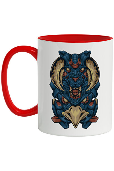 StoryGift Romania Cana Cu Totem, Mecha, Robot, Vultur, Tigru, Coarne, SF, Multicolor 330 ml, Ceram, Cu Maner Rosu
