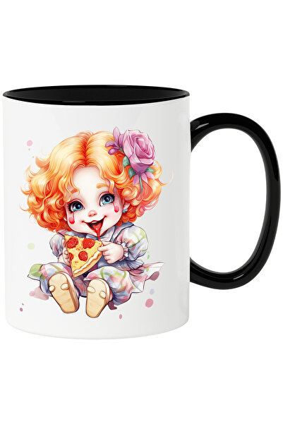 StoryGift Romania Cana cu o fetita clovn | ilustratie | mananca o felie de pizza | floare | pete d, Cu Maner Negru