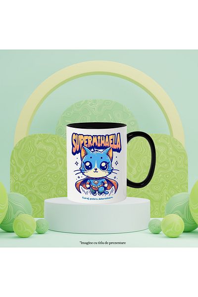 StoryGift Romania Cana Super Mihaela, SuperErou, Pisica Zburand, 330ml, Ceramica cu Maner Negru, Cu Maner Negru