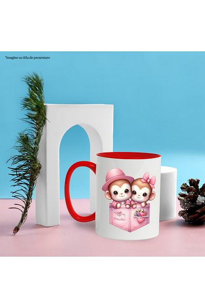 StoryGift Romania Mug with 2 monkeys sitting in pockets, illustration, colored pencils, hat,, With ,STG