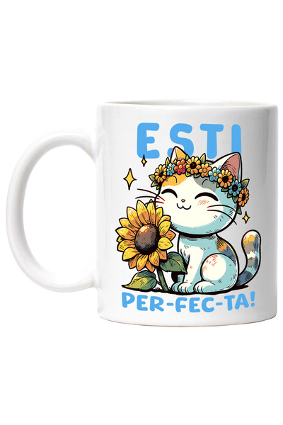 StoryGift Romania Cana Pisica cu Floricele - Esti Per-fec-ta, 330ml, Ceramic ...