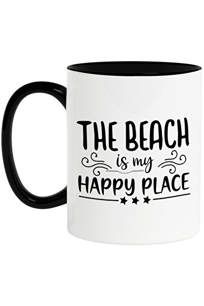 StoryGift Romania Cana pentru iubitorii de vacante cu textul in engleza "The beach is my happy pla, Cu Maner Negru