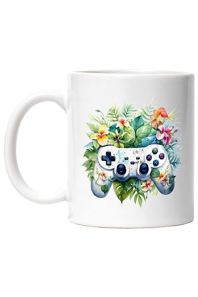 StoryGift Romania Cana cu un controller vechi, ilustratie, stil retro, vechi, flori, plante, amint, Cu Maner Alb