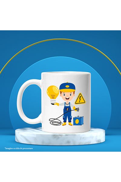 StoryGift Romania Cana Cu Inginer, Electrica, Salopeta, Semn, Cablu, Bec, Stecher, Multicolor 330 , Cu Maner Alb