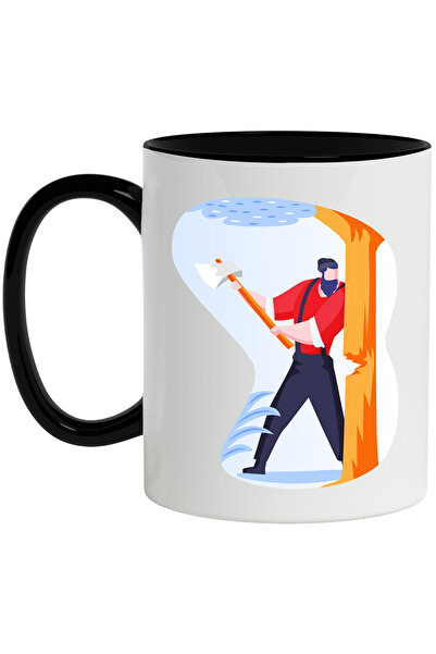 StoryGift Romania Cana Cu Copac, Topor, Taietor De Lemne, Multicolor 330 ml, Ceramica cu Maner Neg, Cu Maner Negru