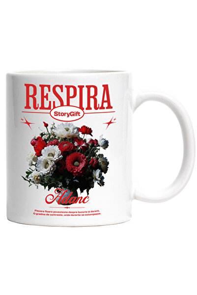 StoryGift Romania Cana Vaza cu Flori - Respira Adanc, 330ml, Ceramic cu Maner...