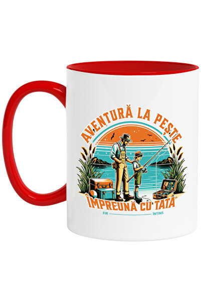 StoryGift Romania Cana Aventura la Peste - impreuna cu Tata pescuit, 330ml, Ceramic cu Maner Rosu, Cu Maner Rosu