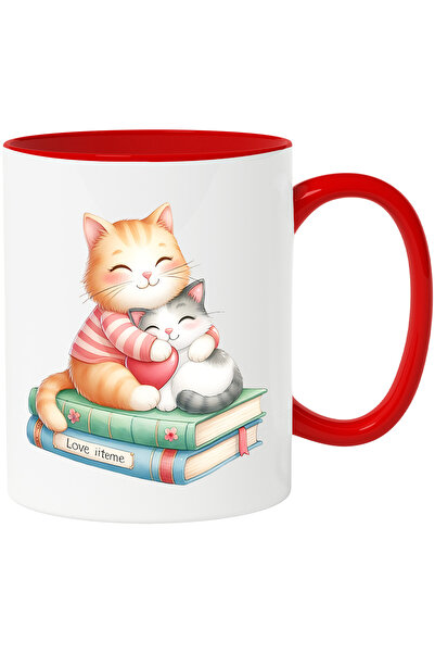 StoryGift Romania Cana cu 2 pisicute care stau pe carti | ilustratie | inima | apropiere | imbujor, Cu Maner Rosu