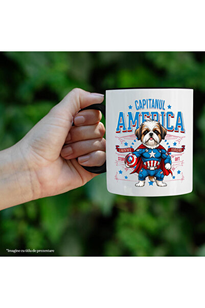 StoryGift Romania Mug with Shih Tzu Dog in Captain America Costume with Cape, Night Hero, D, with Black Handle