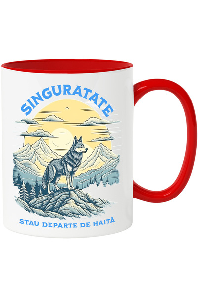 StoryGift Romania Cana Lup pe munte mesaj singuratate departe de haita, 330ml, Ceramic cu Maner Ro, Cu Maner Rosu