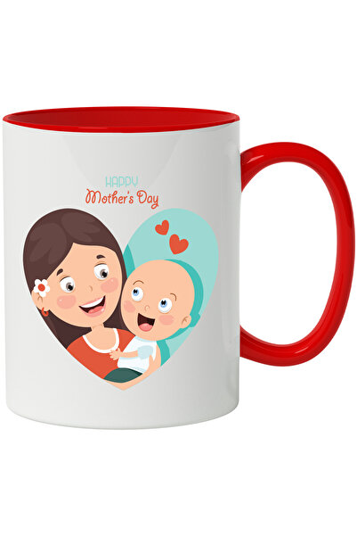 StoryGift Romania Cana Cu Mesaj In Engleza Happy Mother's Day, La Multi Ani De Ziua Mamei, Bebelus, Cu Maner Rosu